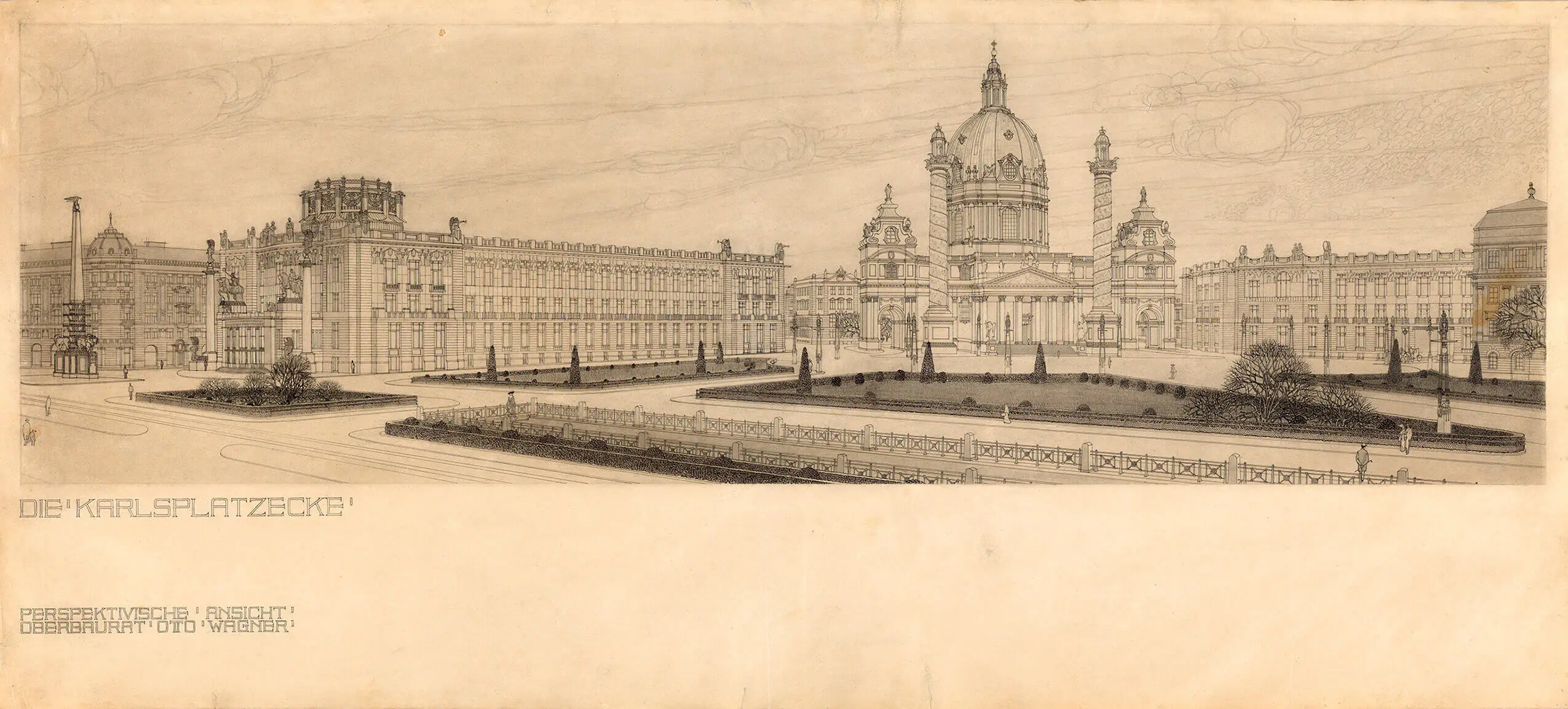 Otto Wagner: „Großes Projekt“ für das Kaiser-Franz-Josef-Stadtmuseum am Karlsplatz, Dritte Variante 1907, Tuschfederzeichnung, Sammlung Wien Museum