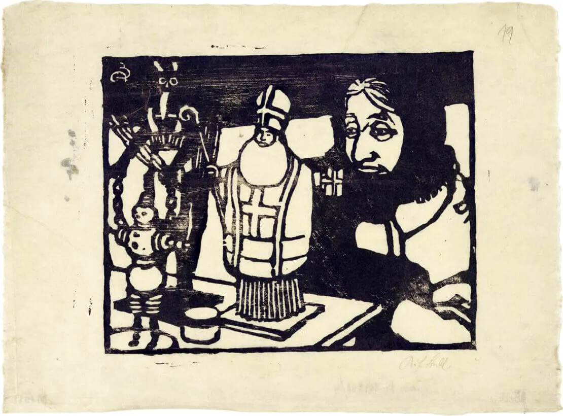 Verkäuferin von Nikolo- und Krampusfiguren, Holzschnitt von Karl F. Bell, vor 1958, Wien Museum