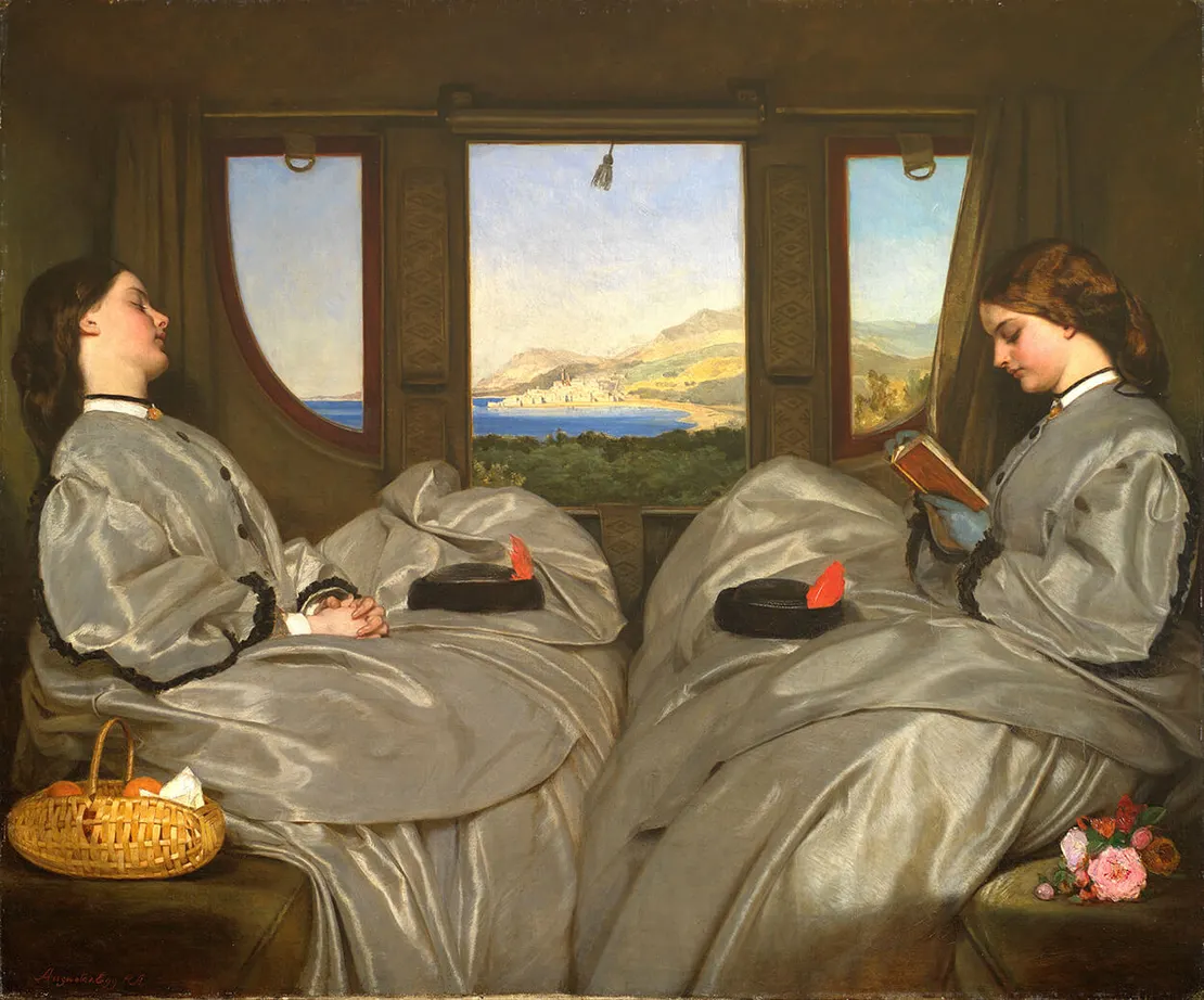 Augustus Leopold Egg: The Travelling Companions, 1862. Die junge Dame rechts studiert den „Baedeker“. Birmingham Museum and Art Gallery, Wikimedia Commons
