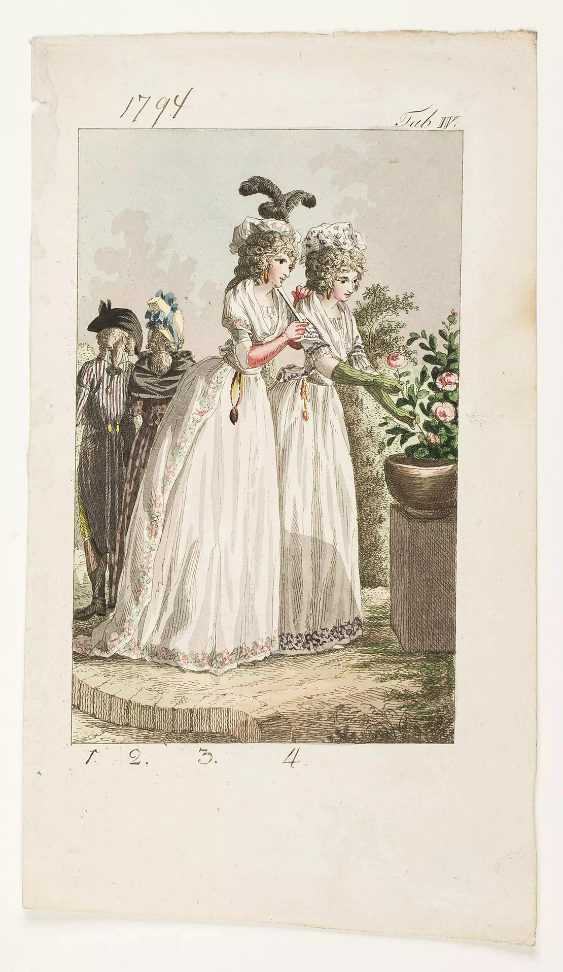 Modebild „Vier Figuren in der neuesten Wiener Sommertracht", kolorierter Kupferstich, 1794, Wien Museum, Inv.-Nr. M 30143  