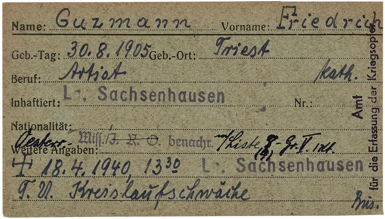 Lagerkarte Friedrich Guzmanns aus dem KZ Sachsenhausen, auf der er als „Artist“ geführt wird. Sein Tod infolge von „Kreislaufschwäche“ ist handschriftlich vermerkt. Arolsen Archives, Bad Arolsen