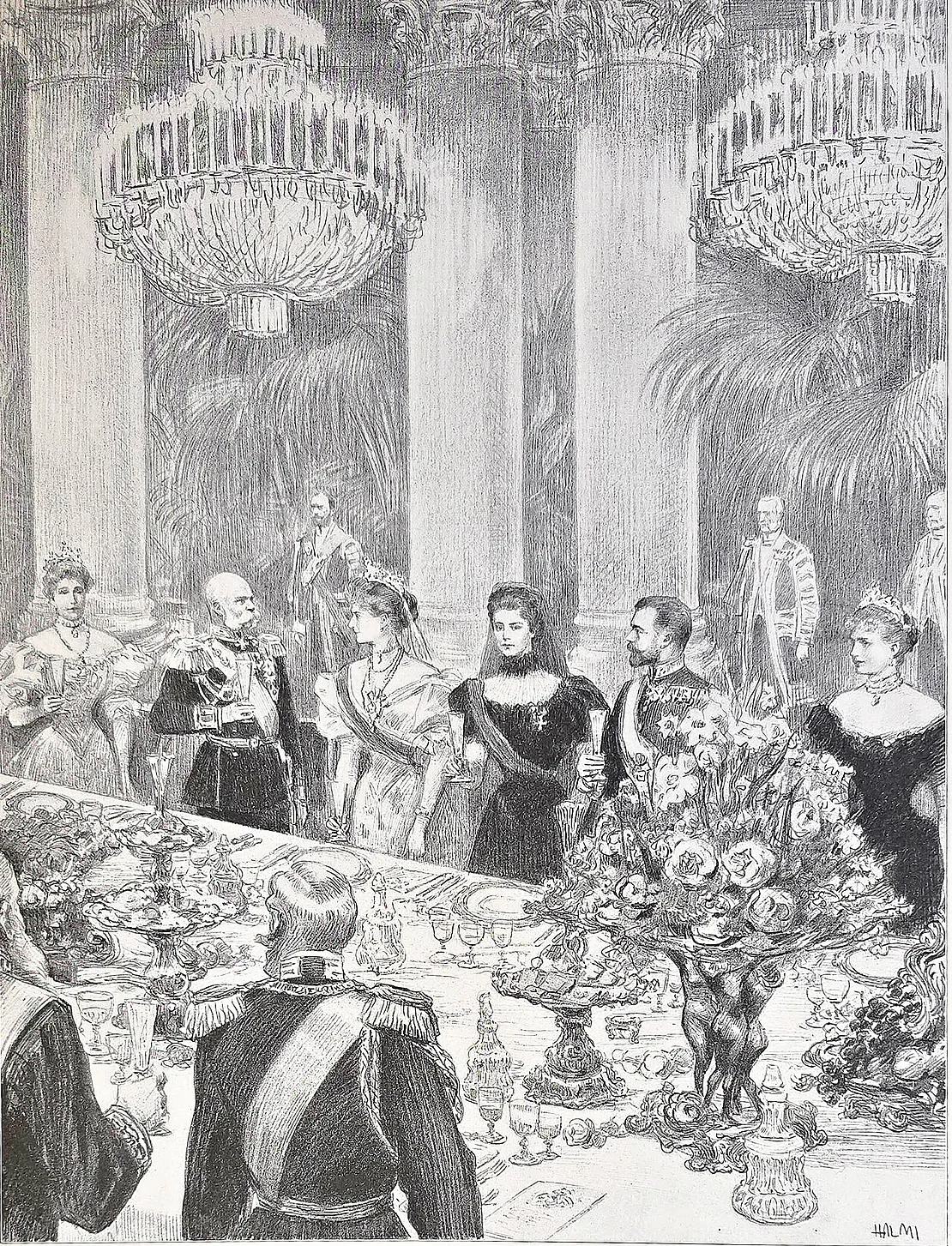 Abb. 11. Arthur Lajos Halmi (Künstler): Galadiner im Zeremoniensaal der Wiener Hofburg, 27.8.1896. In: Das Buch vom Kaiser, S. 59. 33 x 24,5 cm, Autotypie. Wien Museum.   