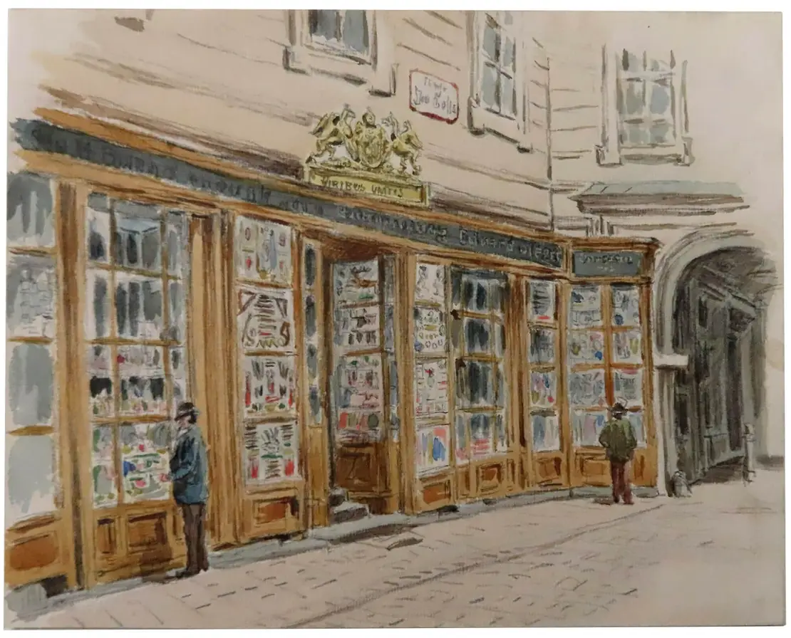 Gustav Zafaurek: Das Geschäft der Firma Trentsensky in der Domgasse, undatiertes Aquarell, Wien Museum