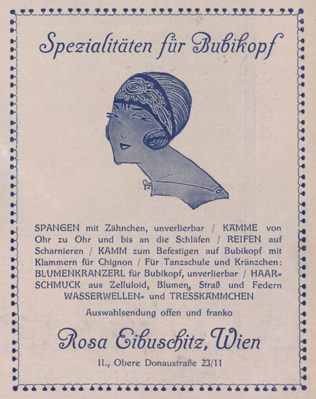 Werbeanzeige „Spezialitäten für Bubikopf“, in: Internationale Frisierkunst und Mode, Oktober 1924, S. 173. ANNÖ/ÖNB 
