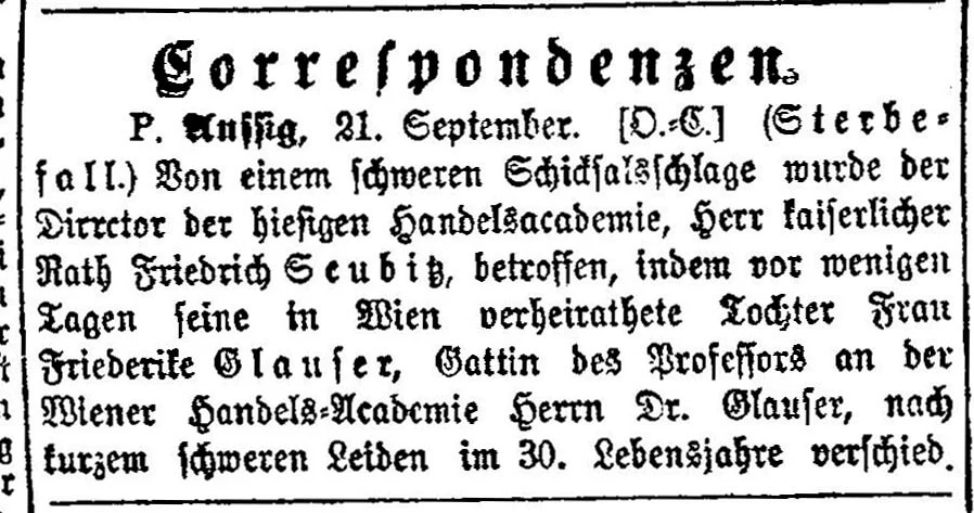 Im Prager Tagblatt vom 24. September 1900 wurde der Tod von Friedrich Glausers Mutter gemeldet, Quelle: ANNO/ÖNB