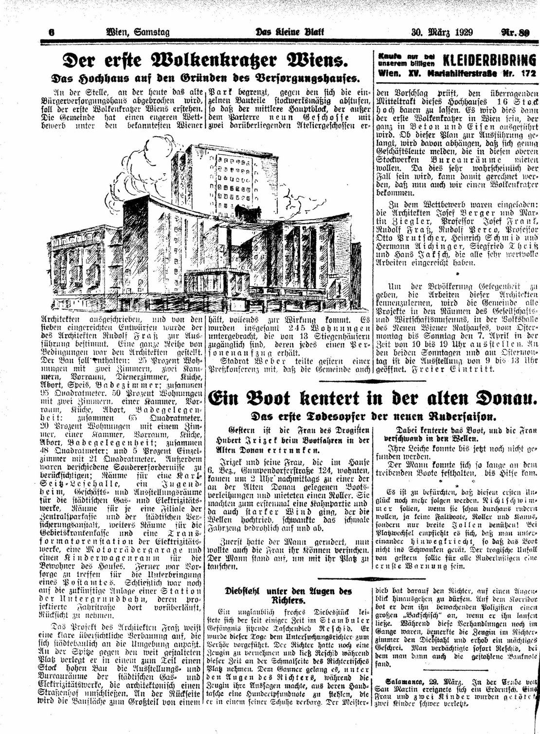 Bericht über das geplante Hochhaus an der Ecke Währingerstraße / Nußdorferstraße. Das Kleine Blatt, 30.3.1929, S. 6, Quelle: Anno/ÖNB 