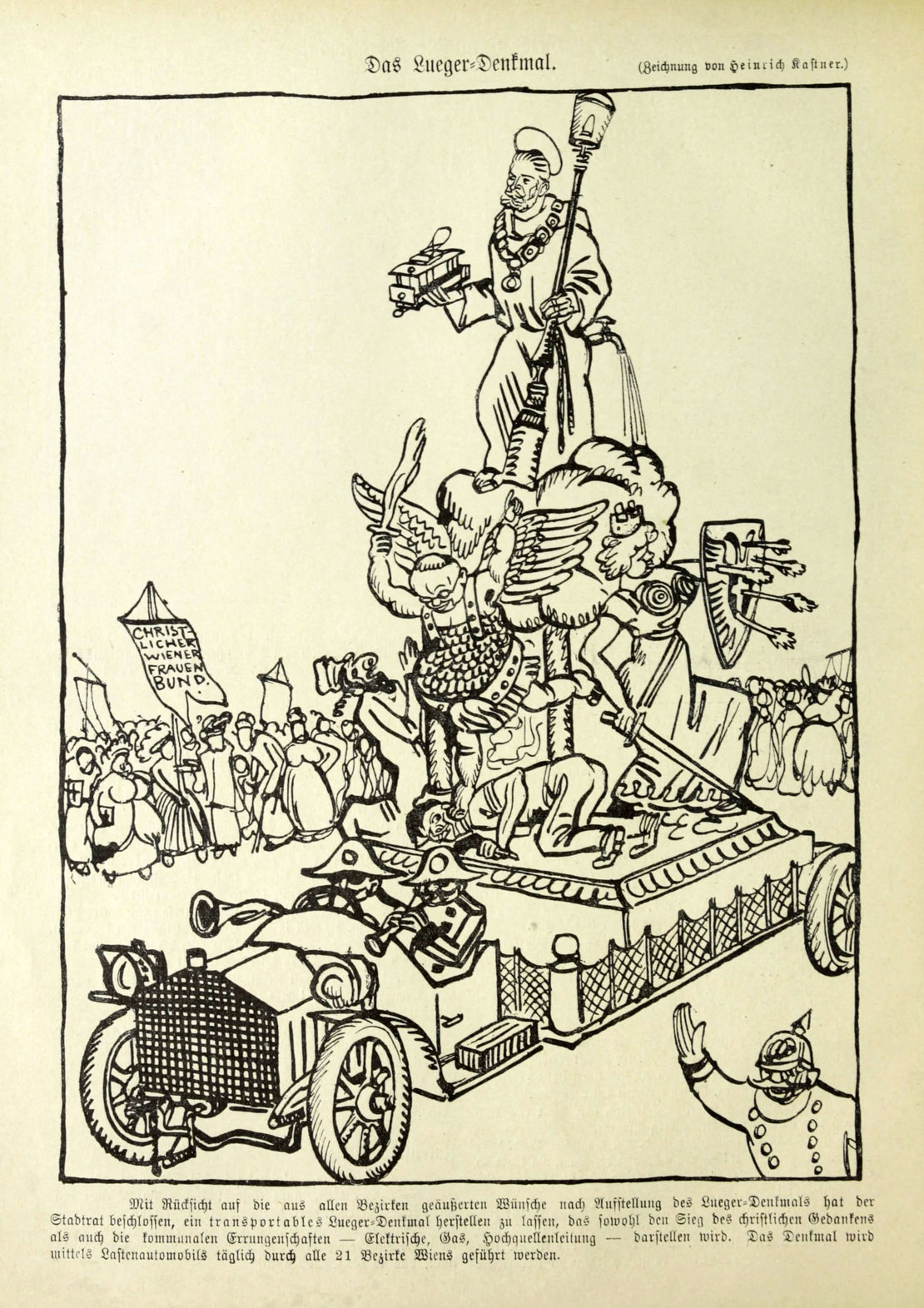 Fahrbares Lueger-Denkmal, Karikatur aus „Die Glühlichter“, 1910, Quelle: ANNO/ÖNB 