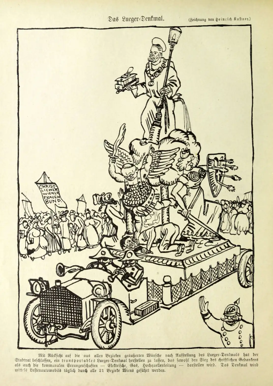 Fahrbares Lueger-Denkmal, Karikatur aus „Die Glühlichter“, 1910, Quelle: ANNO/ÖNB