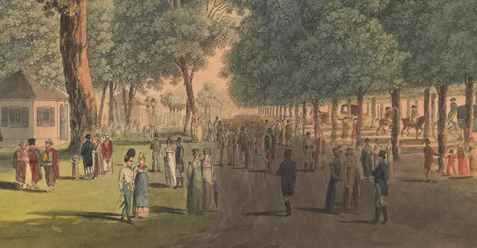 Johann Andreas Ziegler (Kupferstecher), Laurenz Janscha (Zeichner): „Versammlung der schönen Welt bey den Kaffee-Häusern in der großen Prater=Allée." / "L'Assemble aux Caffées dans la grande Allée du Prater.“ (Ausschnitt), kolorierter Kupferstich, um 1795, Wien Museum Inv.-Nr. 18999