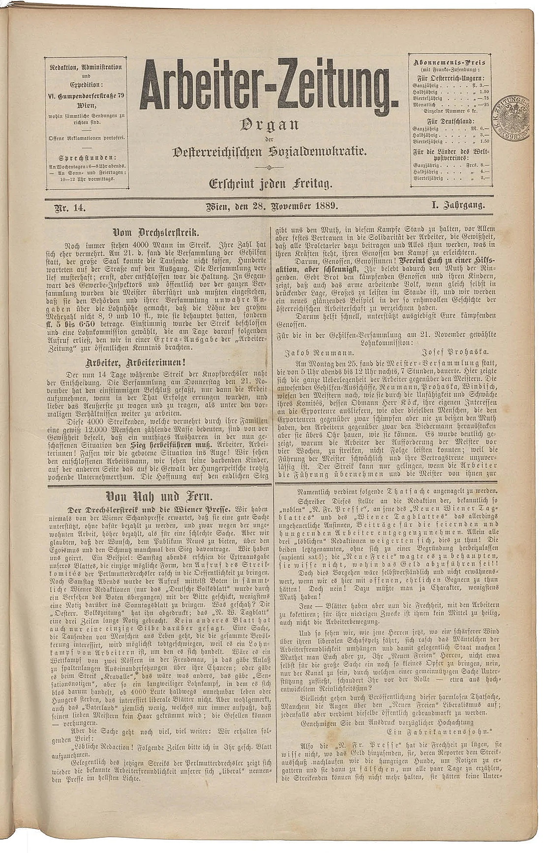 Die Arbeiter-Zeitung berichtet am Titelblatt vom „Drechslerstreik“, 28. November, 1889, Anno/ÖNB