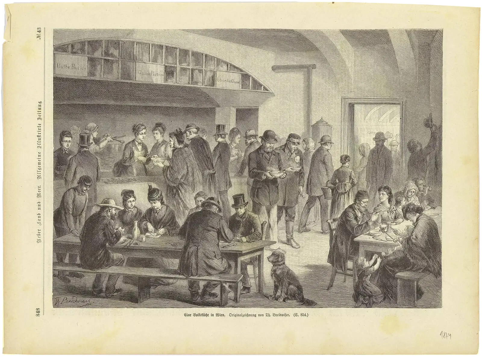 Volksküche zur Ausspeisung von Bedürftigen in Wien, 1874, Zeichnung von Theodor Breitwieser, Wien Museum  