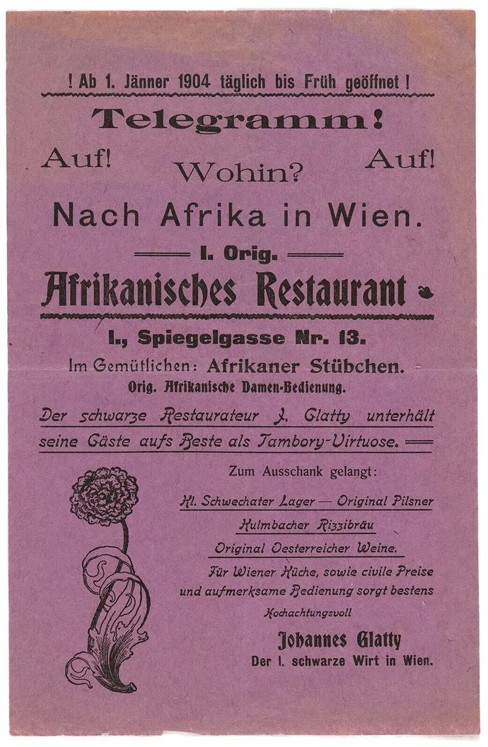 Reklame für "I. Orig. Afrikanisches Restaurant" in Wien, 1904, Wien Museum