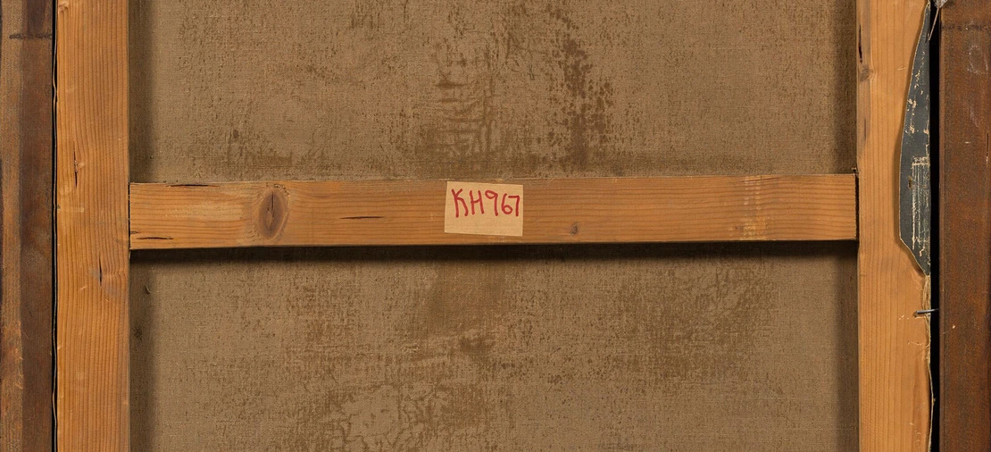 Hans Temple: Porträt des Malers Hans Wilt mit Fahrrad, 1895-97, Öl auf Leinwand, Rückseite (Detail), Wien Museum Inv.-Nr.  315598    