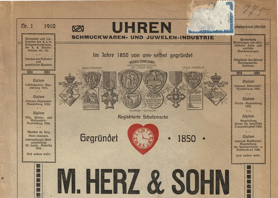 Auszeichnungen und Preise der Firma M. Herz & Sohn, 1910. Quelle: M. Herz & Sohn; Preisbuch Uhren, Schmuckwaren- und Juwelen-Industrie, (1910) Nr. 1