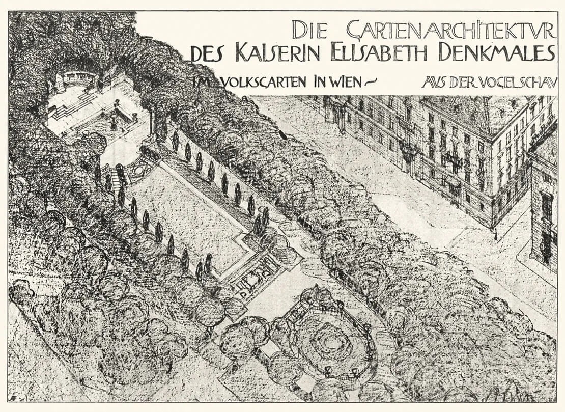 „Die Gartenarchitektur des Kaiserin Elisabeth Denkmales im Volksgarten in Wien“, Feder- und Kreidezeichnung. Veröffentlicht in: Denkschrift zur Enthüllung des Kaiserin-Elisabeth-Denkmales in Wien. Wien 1907. Foto: Christian Hlavac