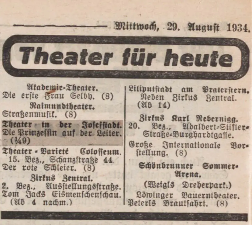 Theaterprogramm vom 29. August 1934, Illustrierte Kronen-Zeitung, ANNO/ÖNB  
