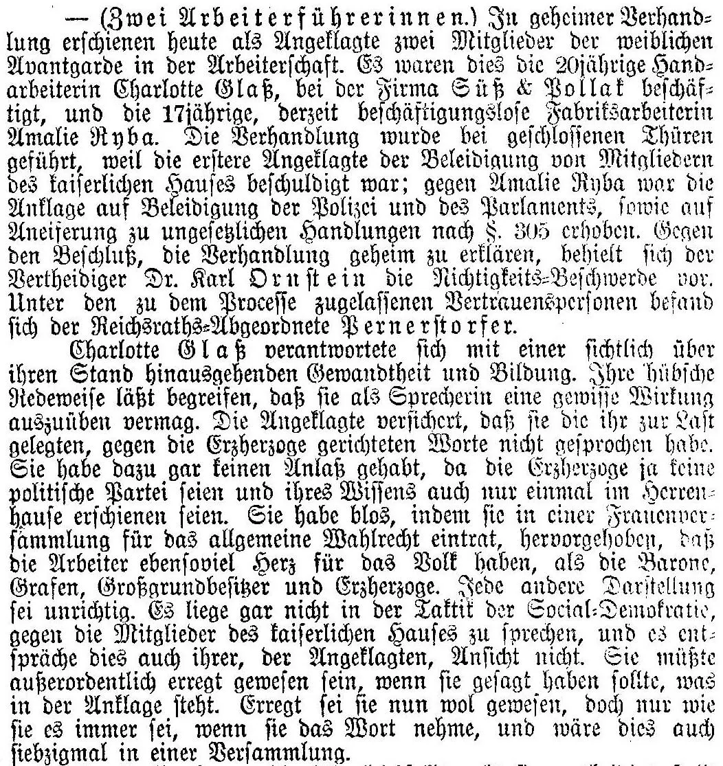 Bericht in der „Neuen Freien Presse“ vom 5. Jänner 1894 über die Gerichtsverhandlung gegen die 20jährige Charlotte Glas, Quelle: ANNO/ÖNB