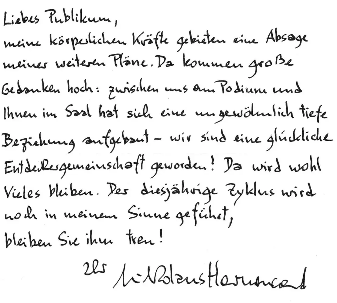 Abschiedsbrief Harnoncourts an sein Publikum, Nikolaus Harnoncourt Zentrum  