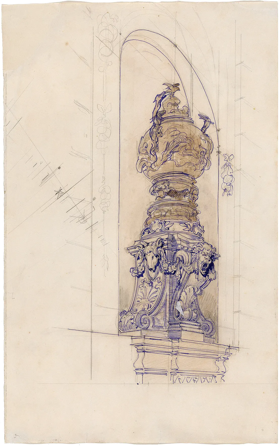 Otto Wagner: Entwurf für den Sockel einer chinesischen Vase an der Fassade der Villa Wagner in Hütteldorf, 1886, Feder, laviert, 34 x 21 cm, Wien Museum