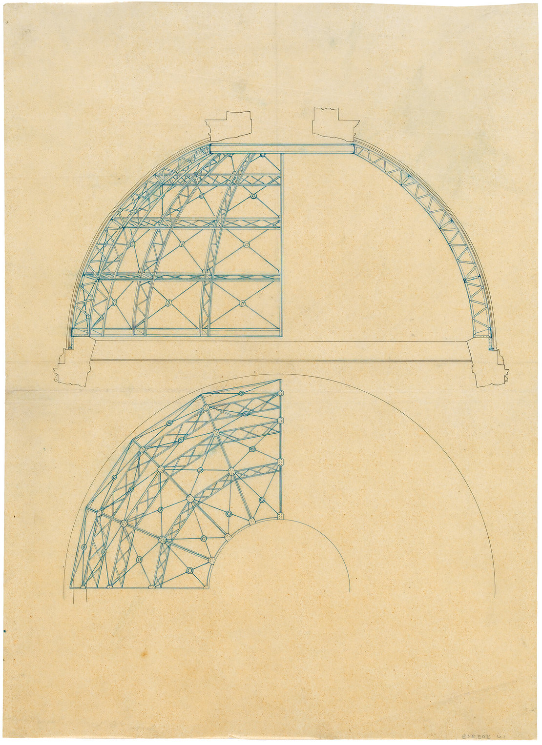 Otto Wagner: Draufsicht und Schnitt einer eisernen Kuppelkonstruktion, um 1880, Feder, 38 x 27,5 cm, Wien Museum 