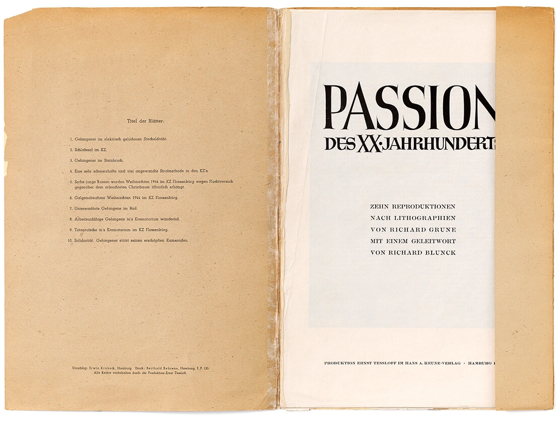 Richard Grune: „Passion des XX. Jahrhunderts“, 10 Reproduktionen nach Lithographien von Richard Grune mit einem Geleitwort von Richard Blunck, Produktion Ernst Tessloff im Hans A. Krune-Verlag, Hamburg 1947, Schenkung Tobias G. Natter/ Sammlung Wien Museum  