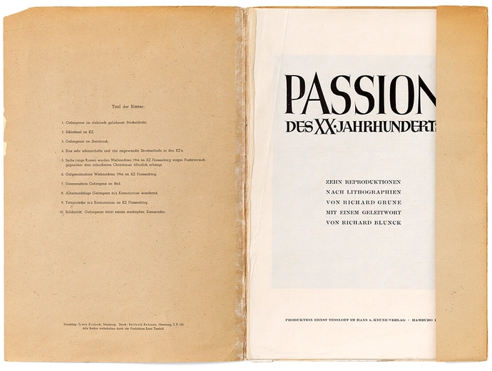 Richard Grune: „Passion des XX. Jahrhunderts“, 10 Reproduktionen nach Lithographien von Richard Grune mit einem Geleitwort von Richard Blunck, Produktion Ernst Tessloff im Hans A. Krune-Verlag, Hamburg 1947, Schenkung Tobias G. Natter/ Sammlung Wien Museum