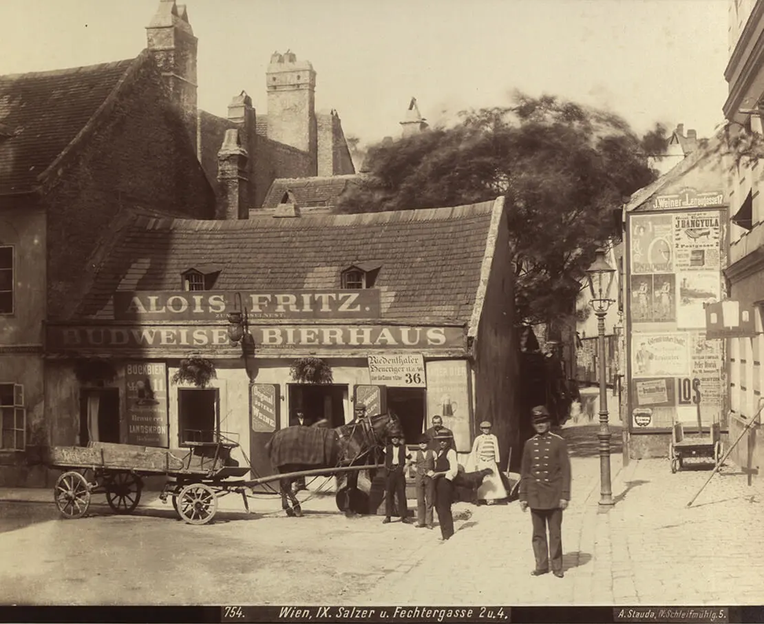 August Stauda: 9., Salzergasse 2 - „Bierhaus zum Amselnest“ und Fechtergasse 4-6, 1901, Wien Museum
