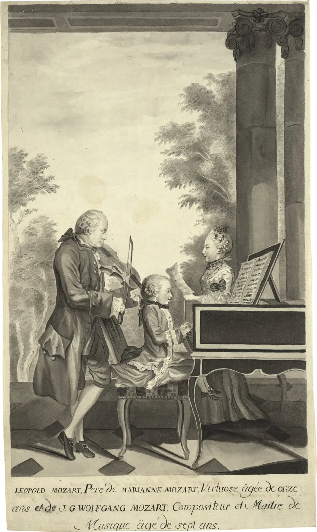 Leopold Mozart mit seinen Kindern Marianne und Wolfgang Amadeus, Kopie nach Louis Carmontelle, 1763, Zeichnung, Wien Museum, Inv.-Nr. 74233