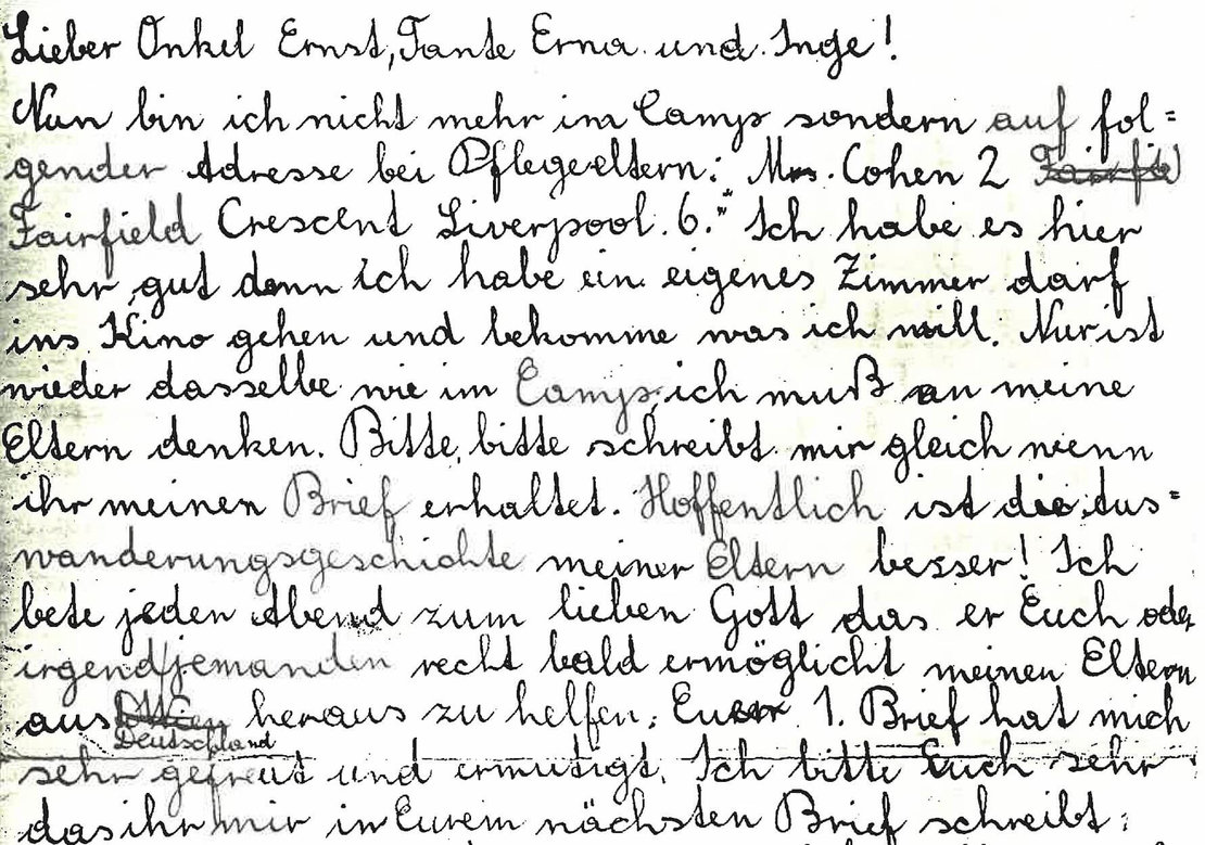 Anfang eines Briefes von Lore Segal vom 20. Dezember 1938, Exilbibliothek im Literaturhaus Wien 