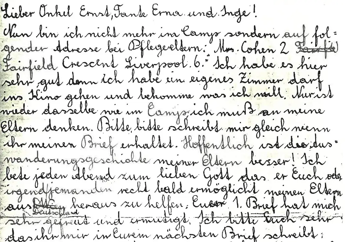 Anfang eines Briefes von Lore Segal vom 20. Dezember 1938, Exilbibliothek im Literaturhaus Wien