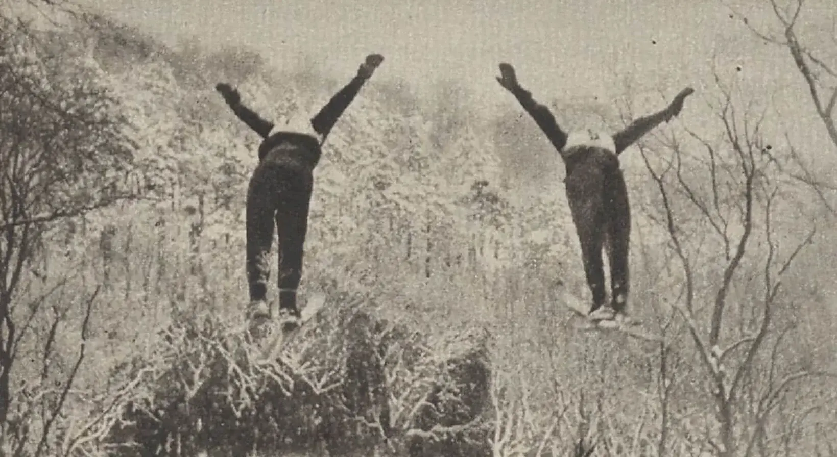 Den Abschluss einiger Springbewerbe bildete des Öfteren ein Doppelsprung. Offensichtlich fuhren die Springer dabei direkt hintereinander den Anlauf hinab, „Der Kuckuck“, 22. Februar 1931, S. 4, ANNO/ÖNB  