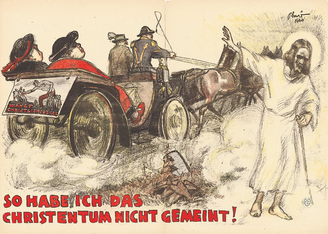 Religion war ein bestimmendes Thema im Kulturkampf zwischen der Sozialdemokratie und den Christlichsozialen, auch in den Wahlkämpfen. Plakat von Michael Biró, 1920, Wienbibliothek im Rathaus, Plakatsammlung