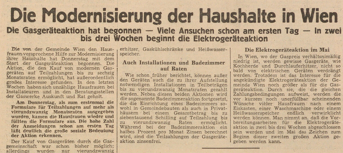 Bericht über die Elektrogeräteaktion in der Arbeiter-Zeitung vom 16. April 1954, ANNO/ÖNB  