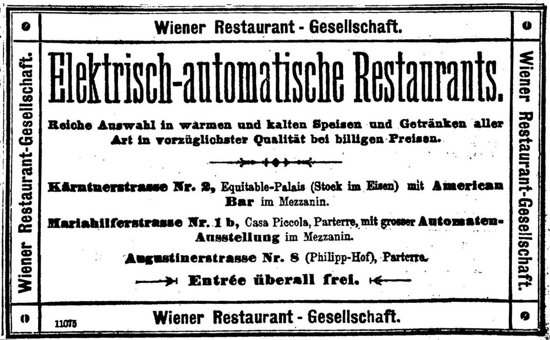 Annonce der elektrisch-automatischen Restaurants der Wiener Restaurant-Gesellschaft, in: Neue Freie Presse, 4.6.1899, S. 18. ÖNB/Anno 