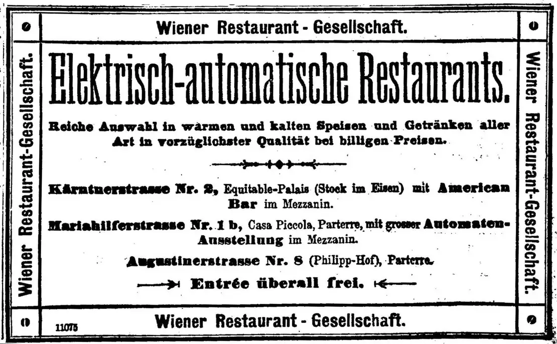 Annonce der elektrisch-automatischen Restaurants der Wiener Restaurant-Gesellschaft, in: Neue Freie Presse, 4.6.1899, S. 18. ÖNB/Anno