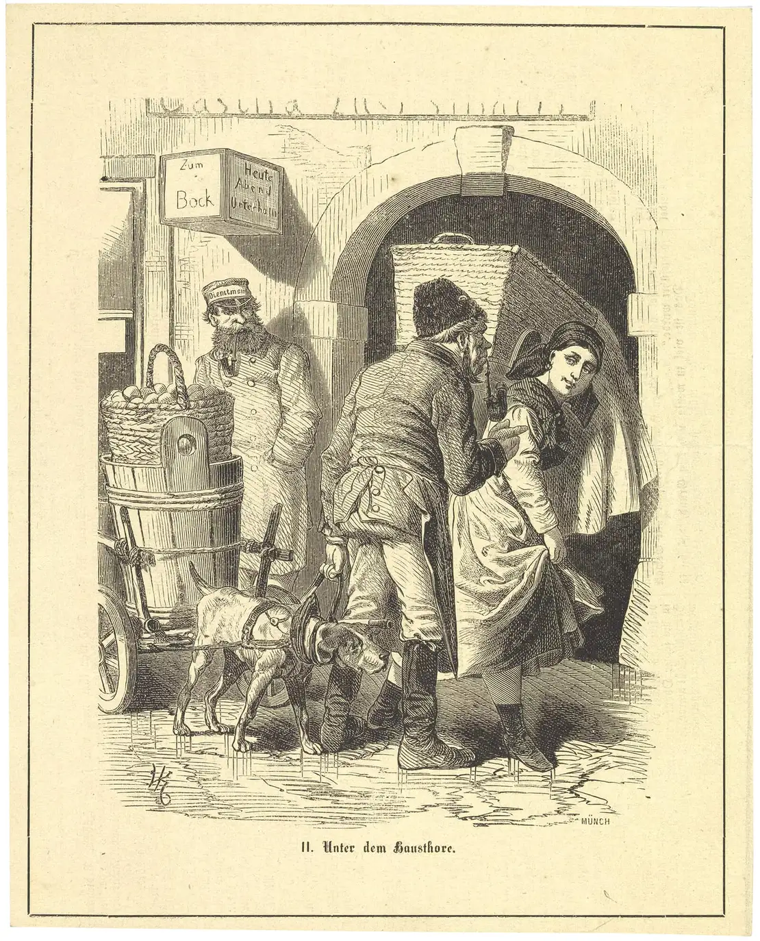 Vinzenz Katzler: „Unter dem Hausthore“, um 1880, Druckgrafik, Wien Museum, Inv.-Nr. 49575/162  