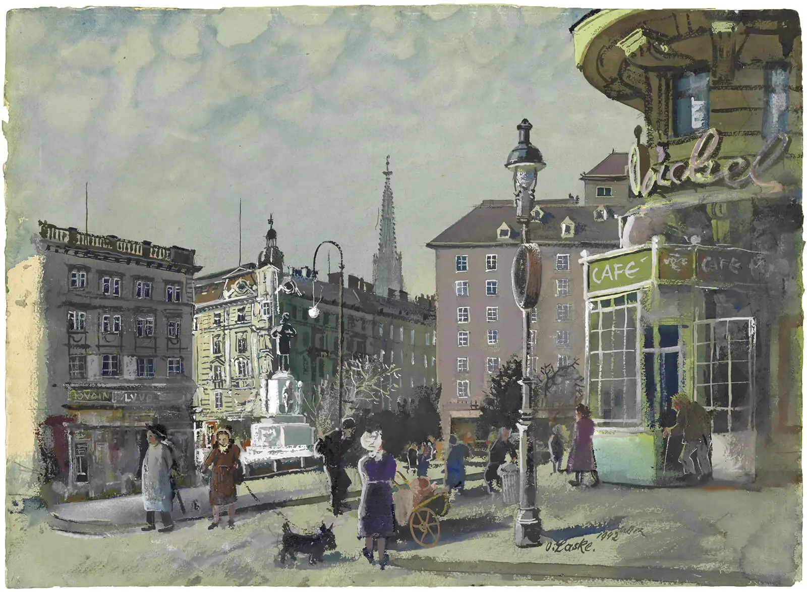 Der Lueger-Platz auf einer Gouache von Oskar Laske aus dem Jahr 1942, Wien Museum  