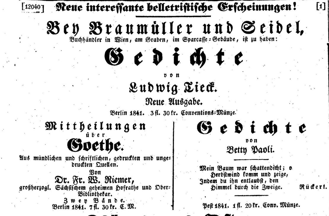 In guter literarischer Gesellschaft: Anzeige des ersten Gedichtbandes von Betty Paoli in der Wiener Zeitung vom 15. September 1841, ANNO/ÖNB 