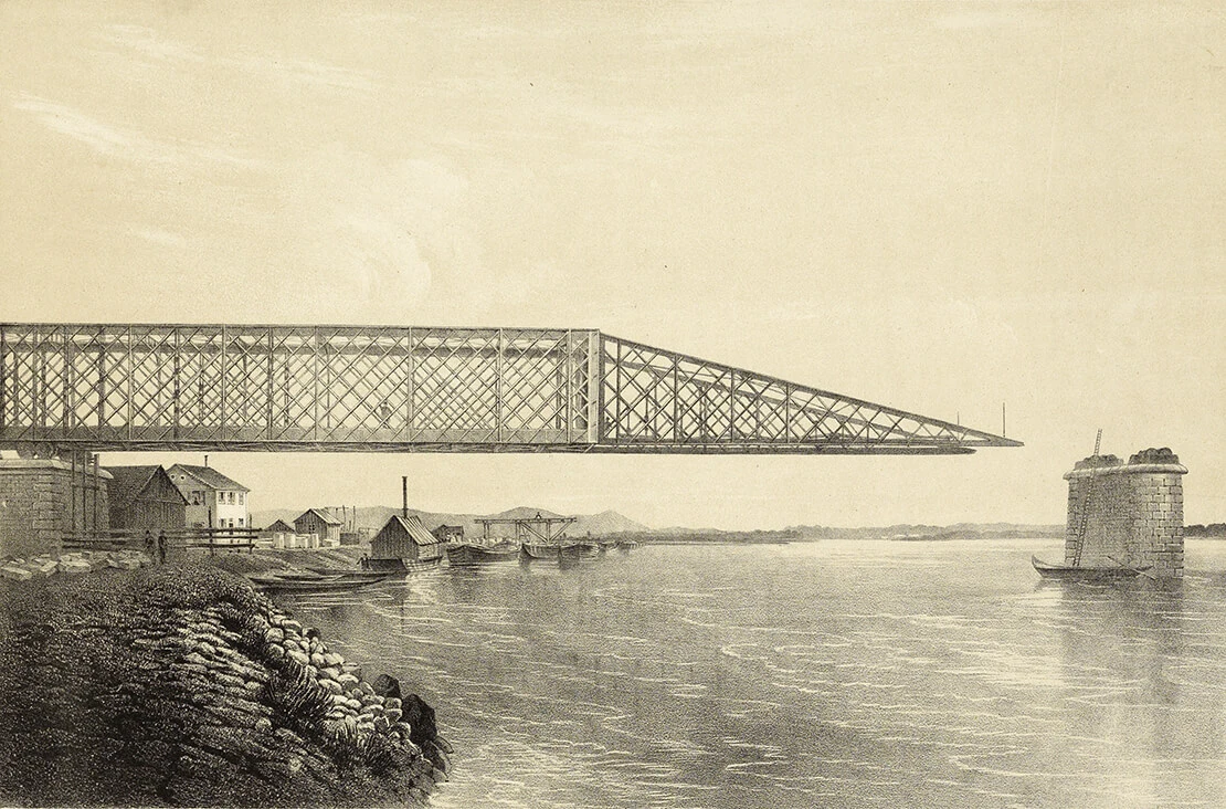 Donau-Brücke bei Stadlau (Ostbahnbrücke): Tragwerksvorschub, nach ein Fotografie von Hermann Voigtländer (aus: Allgemeine Bauzeitung, 1870), Wien Museum