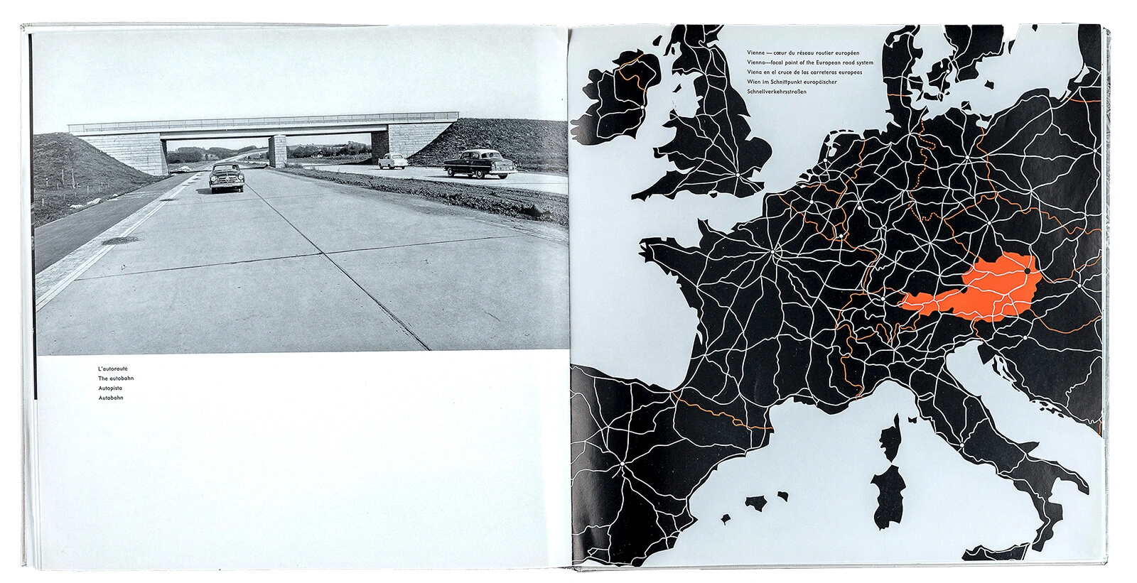 Die Westautobahn und das Straßennetz in Europa, aus dem Buch „Wien meldet seine Kandidatur für die Olympischen Spiele 1964“, 1958, Foto: Stephan Doleschal