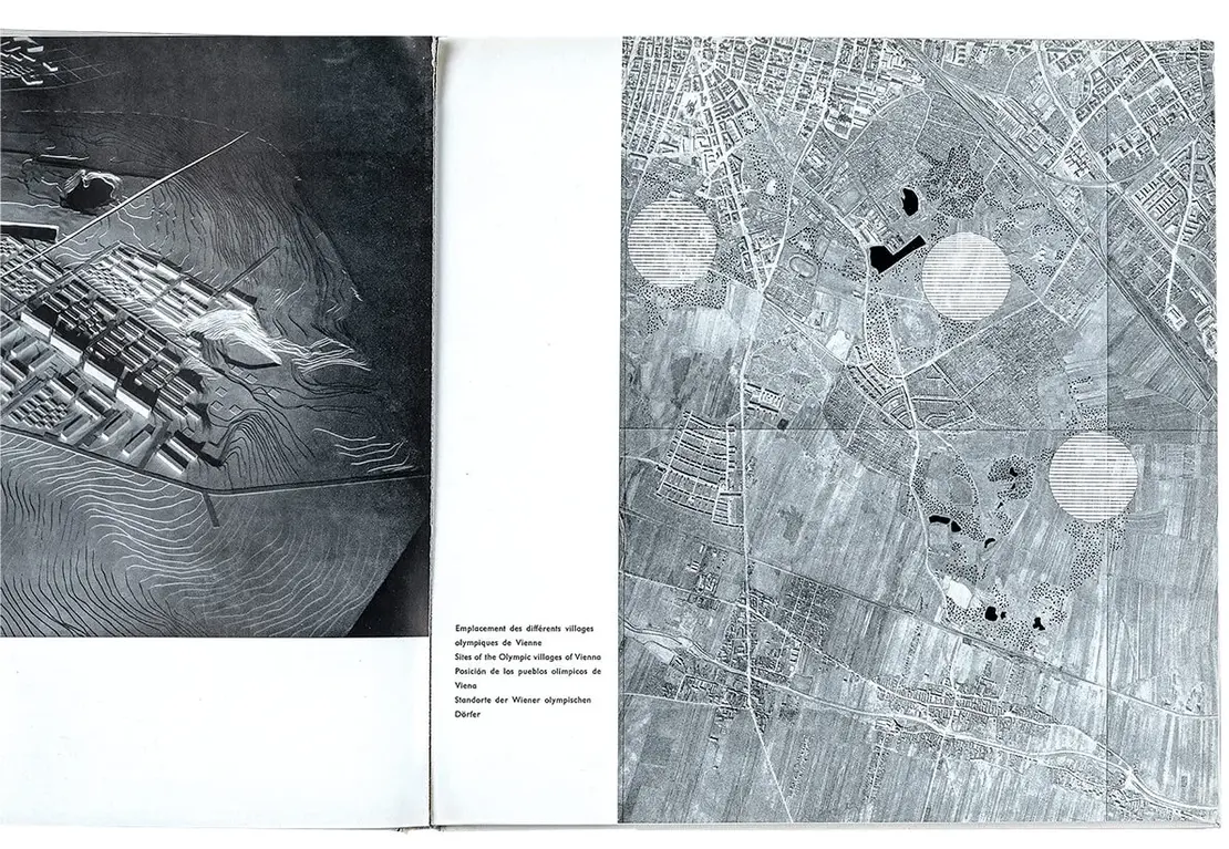 Standorte des Olympischen Dorfes und des Pressezentrums in Favoriten, aus dem Buch „Wien meldet seine Kandidatur für die Olympischen Spiele 1964“, 1958, Foto: Stephan Doleschal
