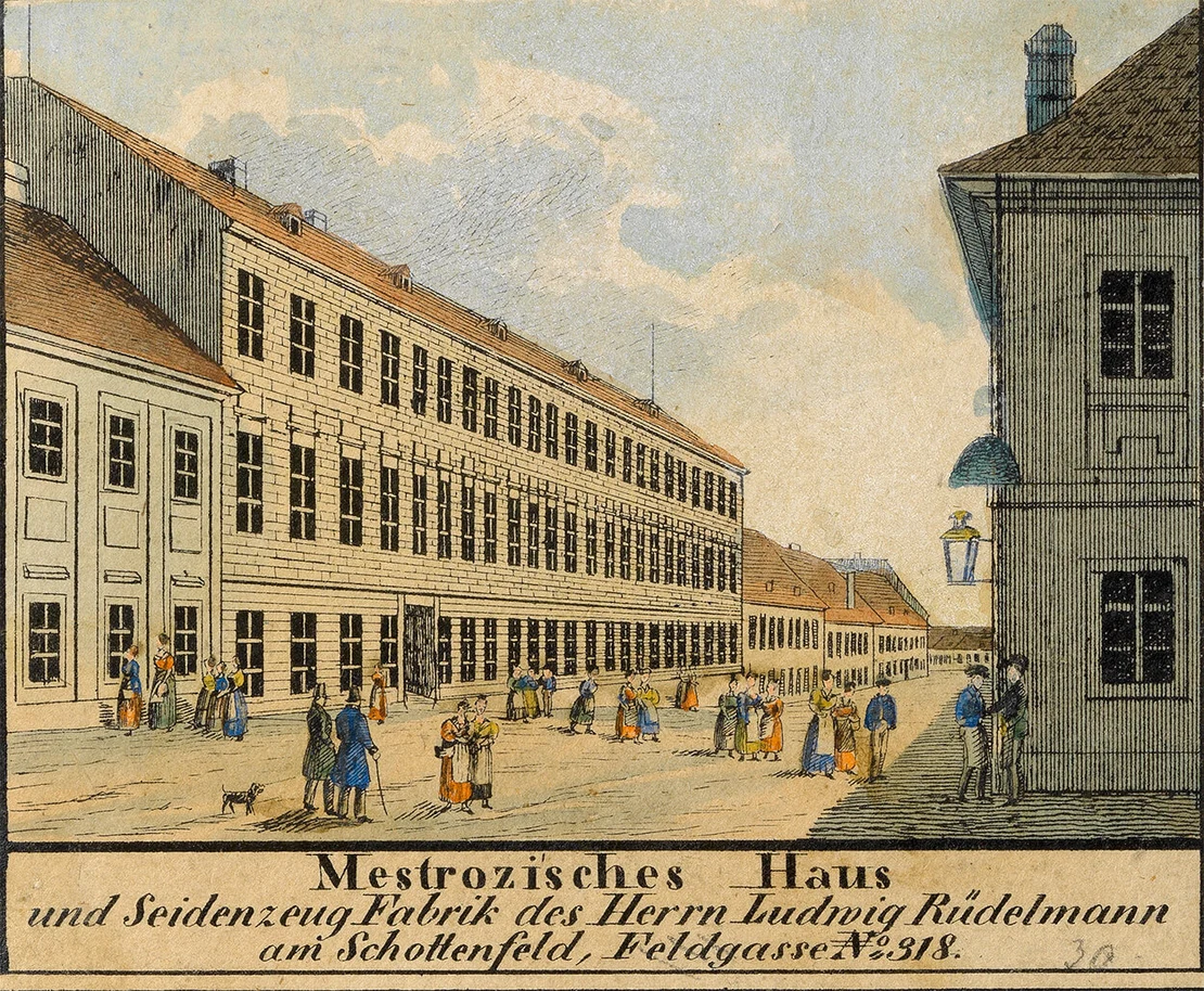 Carl Graf Vasquez: Mestrozisches Haus und Seidenzeug-Fabrik des Herrn Ludwig Rüdelmann am Schottenfeld, Feldgasse No. 318, um 1835, kolorierte Lithografie, Wien Museum, Inv.-Nr. 15647