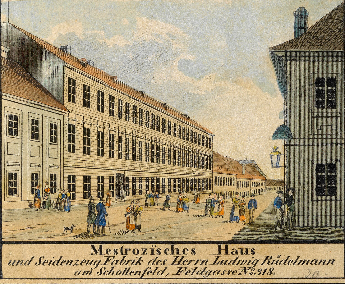 Carl Graf Vasquez: Mestrozisches Haus und Seidenzeug-Fabrik des Herrn Ludwig Rüdelmann am Schottenfeld, Feldgasse No. 318, um 1835, kolorierte Lithografie, Wien Museum, Inv.-Nr. 15647 