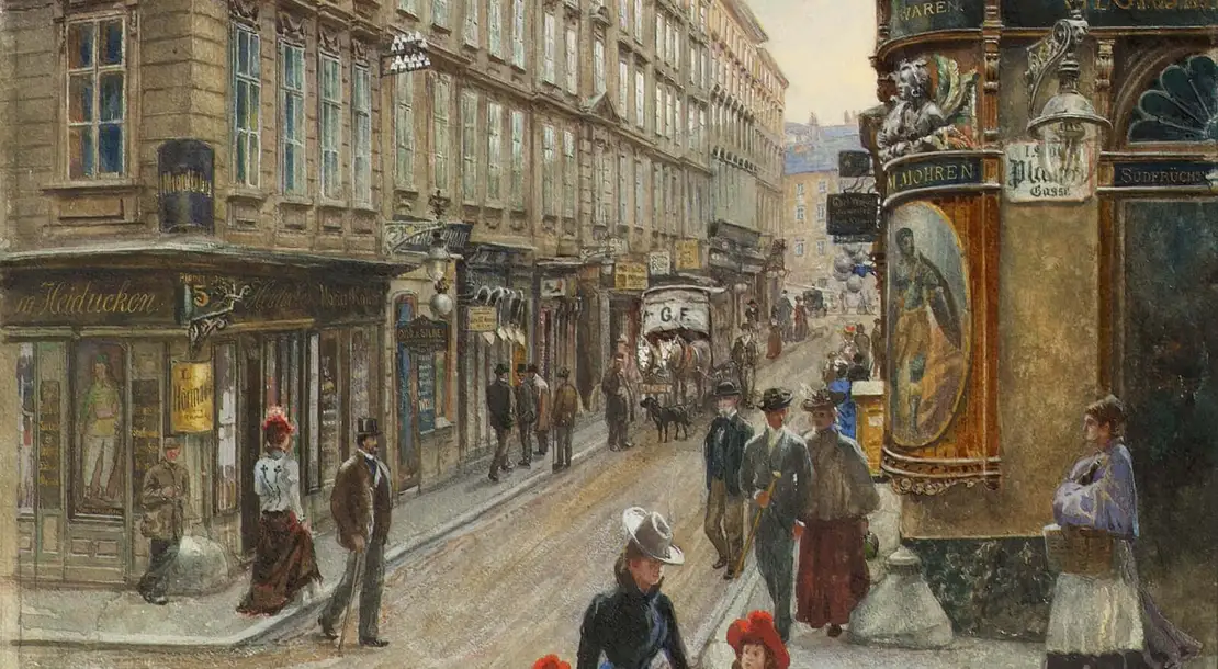 Spiegelgasse Ecke Plankengasse, Aquarell von Anton Hlavacek (Ausschnitt), um 1900, Wien Museum. Rechts das Geschäftsschild der Spezereiwarenhandlung „Zum Mohren“, links das heute im Wien Museum befindliche Geschäftsschild Zwirn-, Woll- und Wirkwaren-Handlung „Zum Heiducken“ von J. N. Mayer.