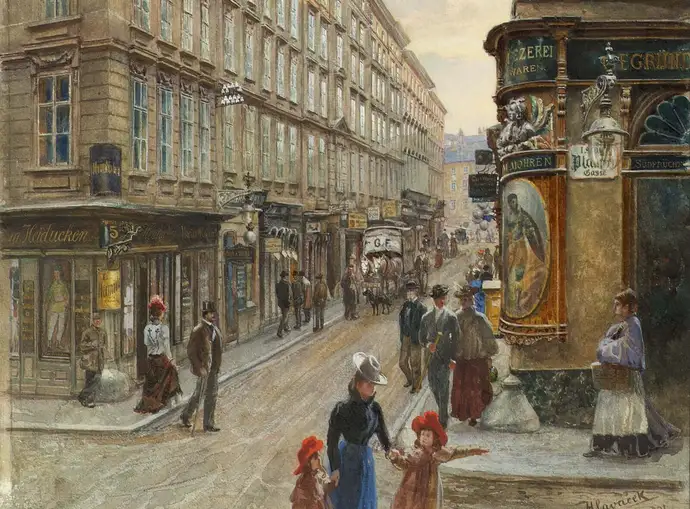 Spiegelgasse Ecke Plankengasse, Aquarell von Anton Hlavacek (Ausschnitt), um 1900, Wien Museum. Rechts das Geschäftsschild der Spezereiwarenhandlung „Zum Mohren“, links das heute im Wien Museum befindliche Geschäftsschild Zwirn-, Woll- und Wirkwaren-Handlung „Zum Heiducken“ von J. N. Mayer.