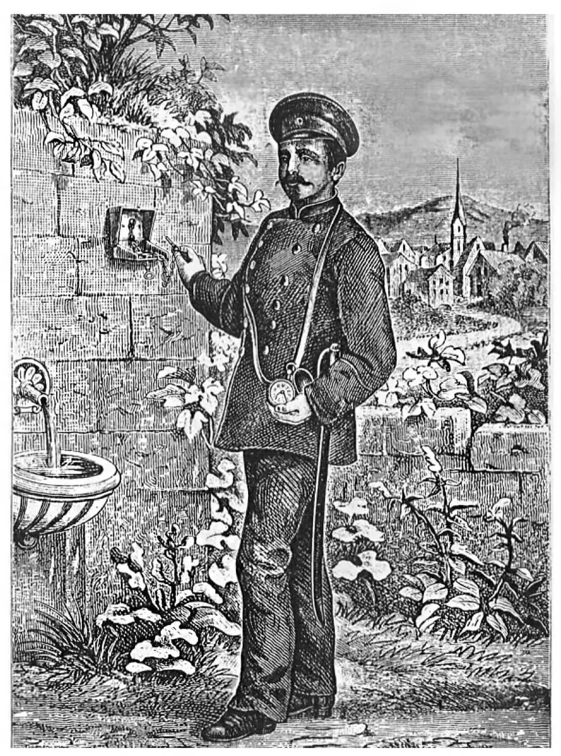 Abbildung eines Nachtwächters in einem Bürk-Prospekt von 1885   