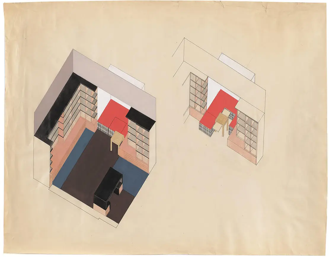 Villa Neumann, Bibliothek, Axonometrie, 1930, Bleistift und Deckfarbe auf Karton, 64,5 x 83,5 cm, Bauhaus-Archiv Berlin  