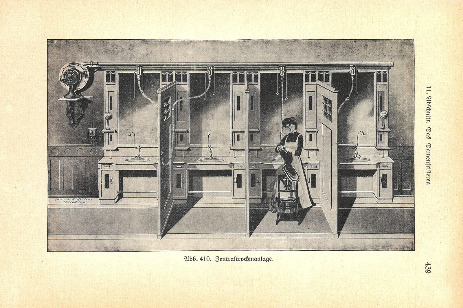 Wasch- und Trockenanlage, um 1910, Ferdinand Müller: Der moderne Friseur, Nordhausen 1926