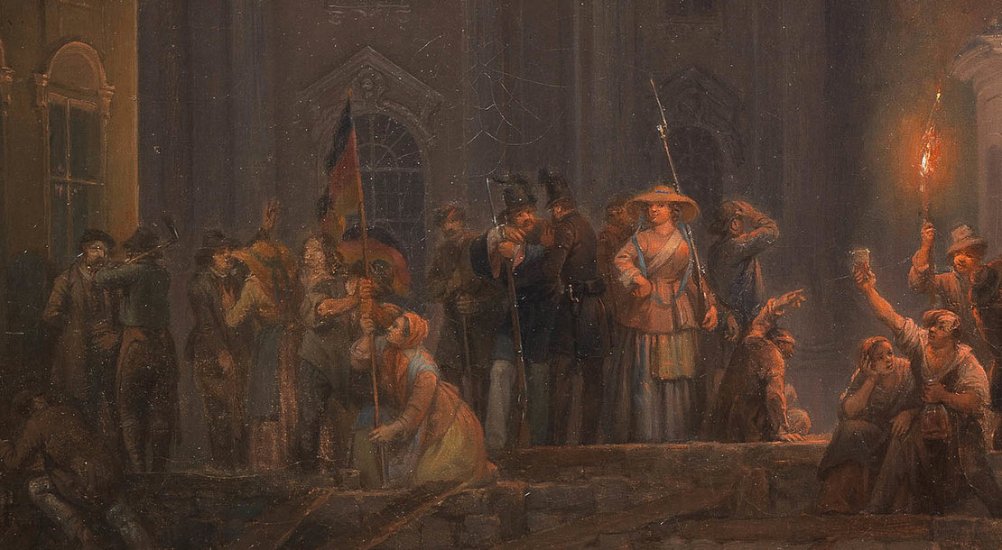 Bildausschnitt aus: Anton Ziegler: Die Barrikade auf dem Michaelerplatz in der Nacht vom 26. auf den 27. Mai 1848, Öl auf Leinwand, Wien Museum 