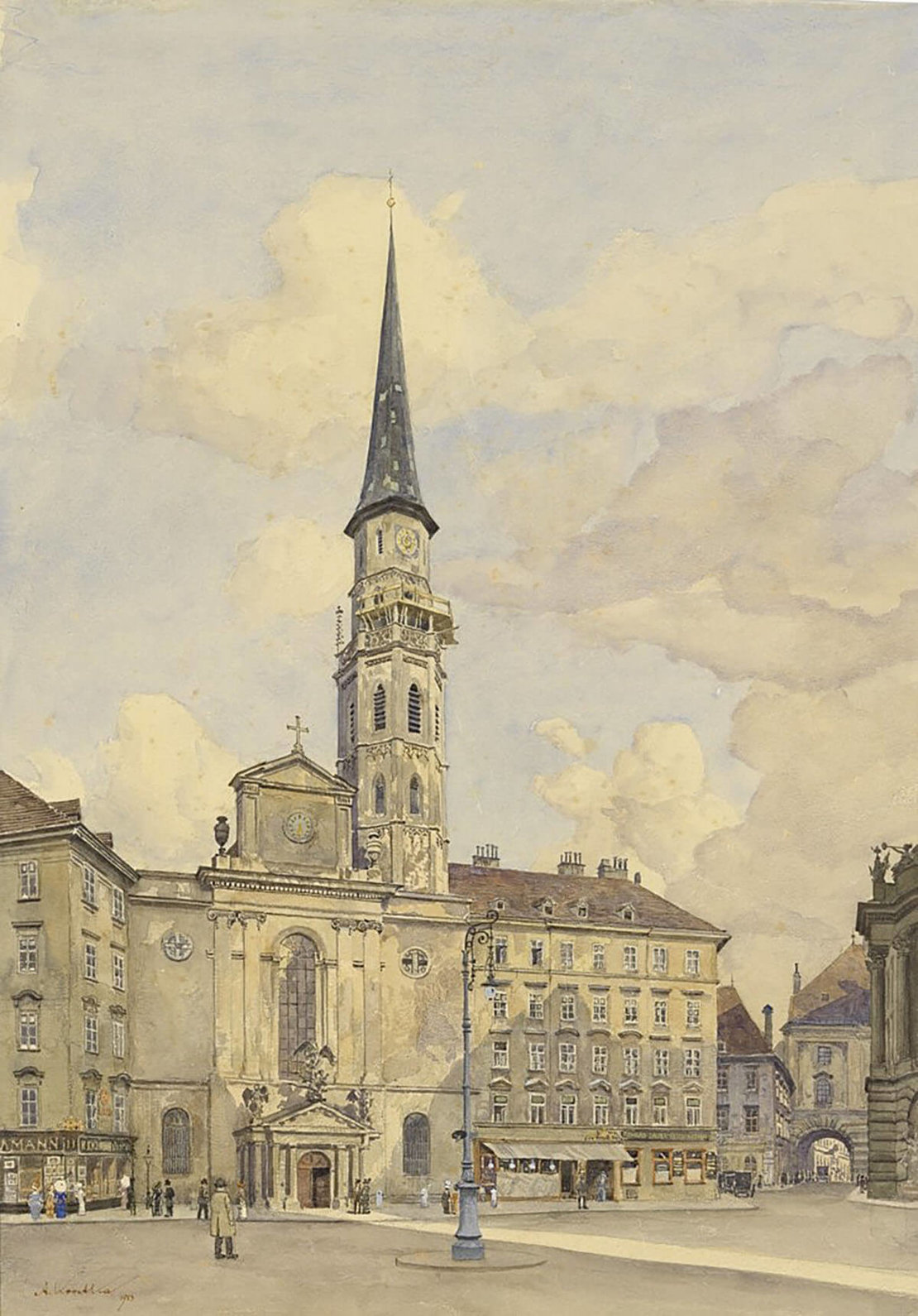 Josef Alexander Kostka: Der Michaelerplatz mit der Michaelerkirche während einer Reparatur des Turmes, Aquarell, 1913, Wien Museum, Inv.-Nr. 70309 